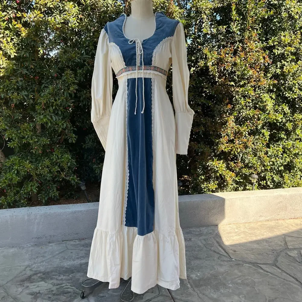 Vintage Gunne Sax By Jessica Cotton Velvet Prairie Renaissance Dress - Picture 2 of 15